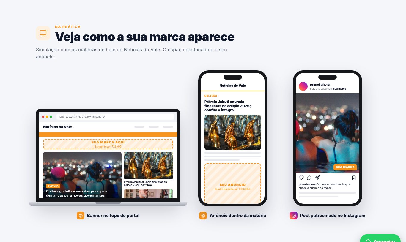 Simulação do banner do anunciante no portal e no Instagram